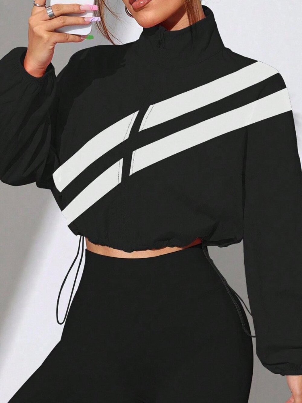 Multicolor Casual Women's Colorblock Zip-Up Sports Jacket With Drawstring Hem